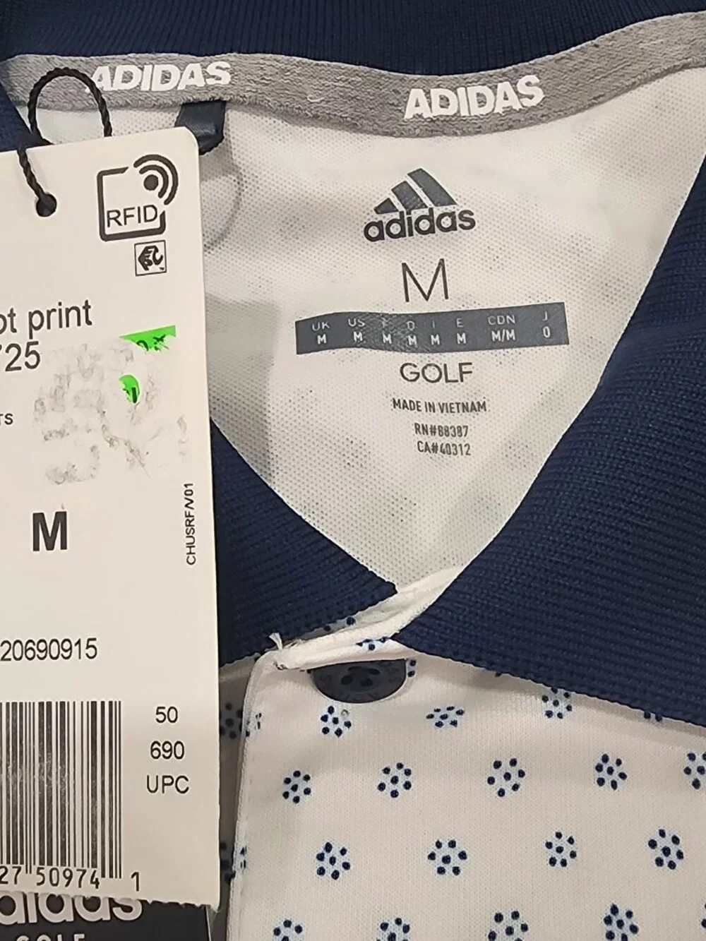 Adidas Polo Shirt Men's M White Blue Diamond Logo Dot Print Golf Stretch NWT